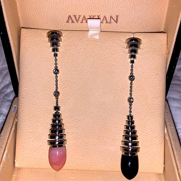 Xtra pics 18K Avakian Pink Opal & Onyx Earrings - Picture 15 of 16